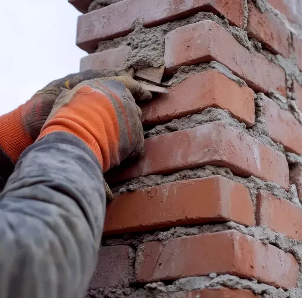 Mason tuckpointing a brick wall in Columbus
