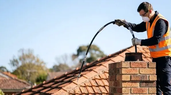 Technician lowering a stainless liner into an old masonry flue in Bexley