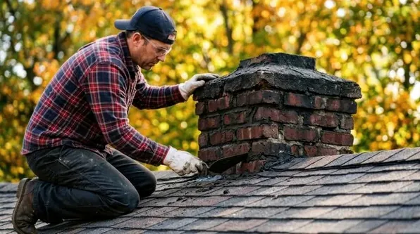 Mason rebuilding the crown on a tall Tudor-style chimney in Bexley